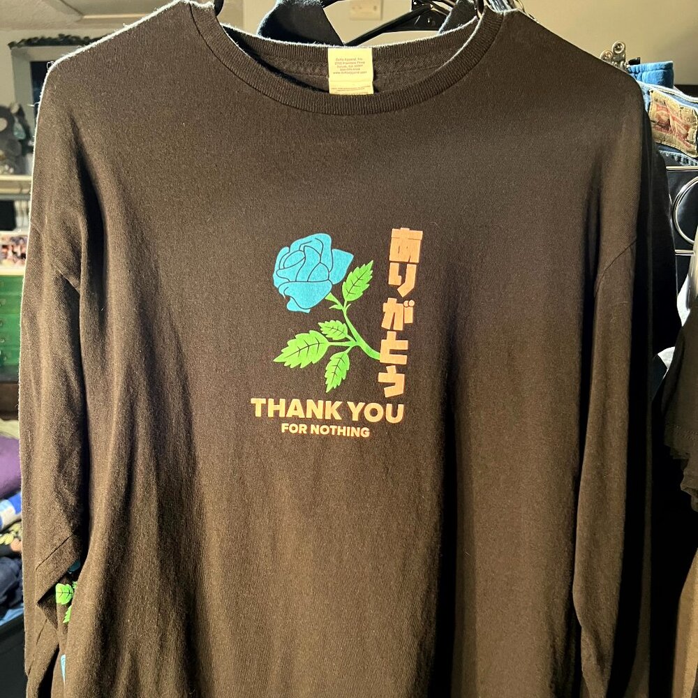 "Thank You for Nothing" Black w Roses Long-Sleeve 100% Cotton Tee T-Shirt SZ Lrg